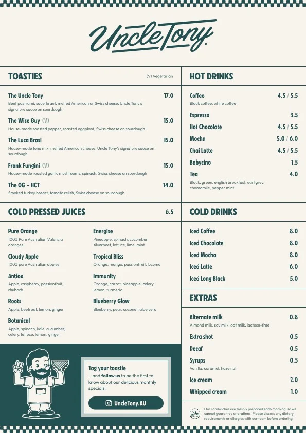 Menu, Uncle Tony Oakleigh