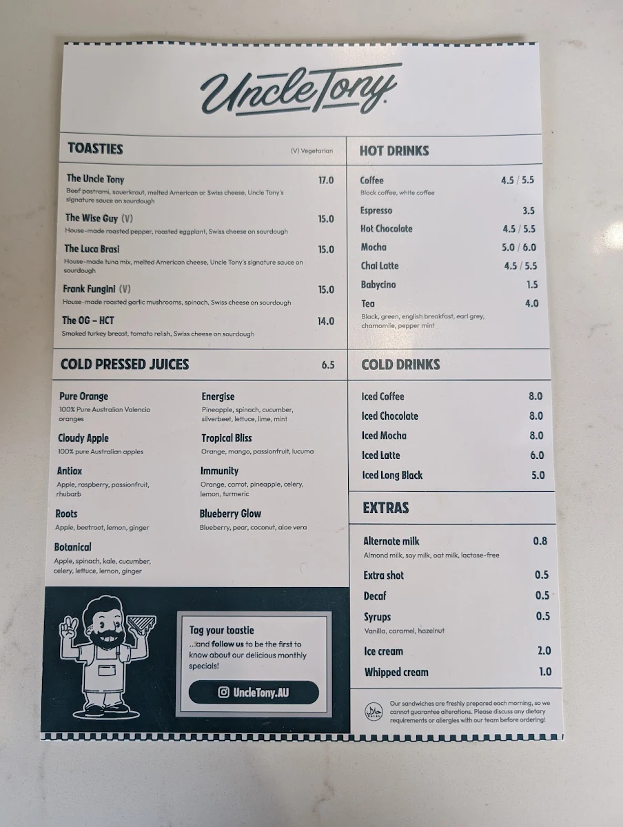 Menu, Uncle Tony Oakleigh