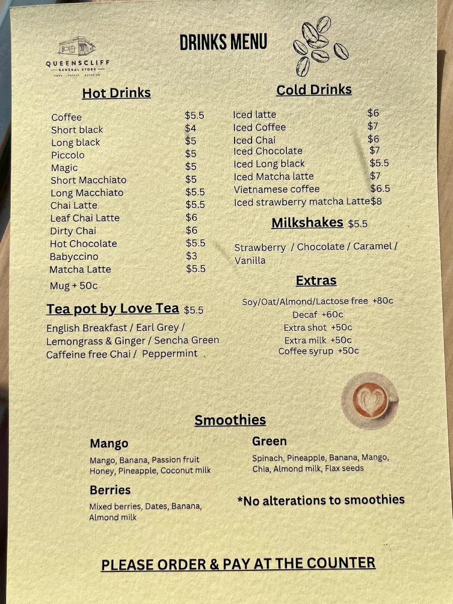 Menu, Queenscliff General Store & Take Away