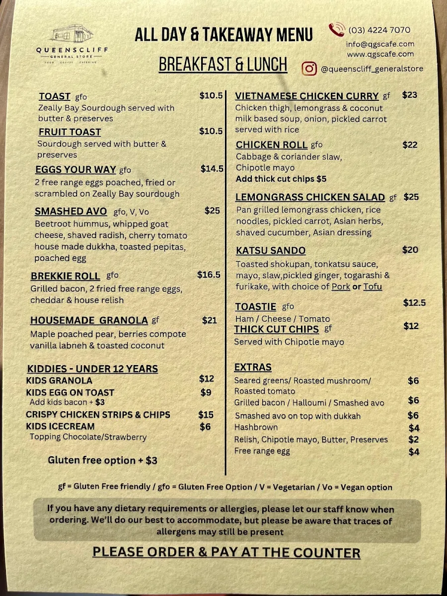 Menu, Queenscliff General Store & Take Away