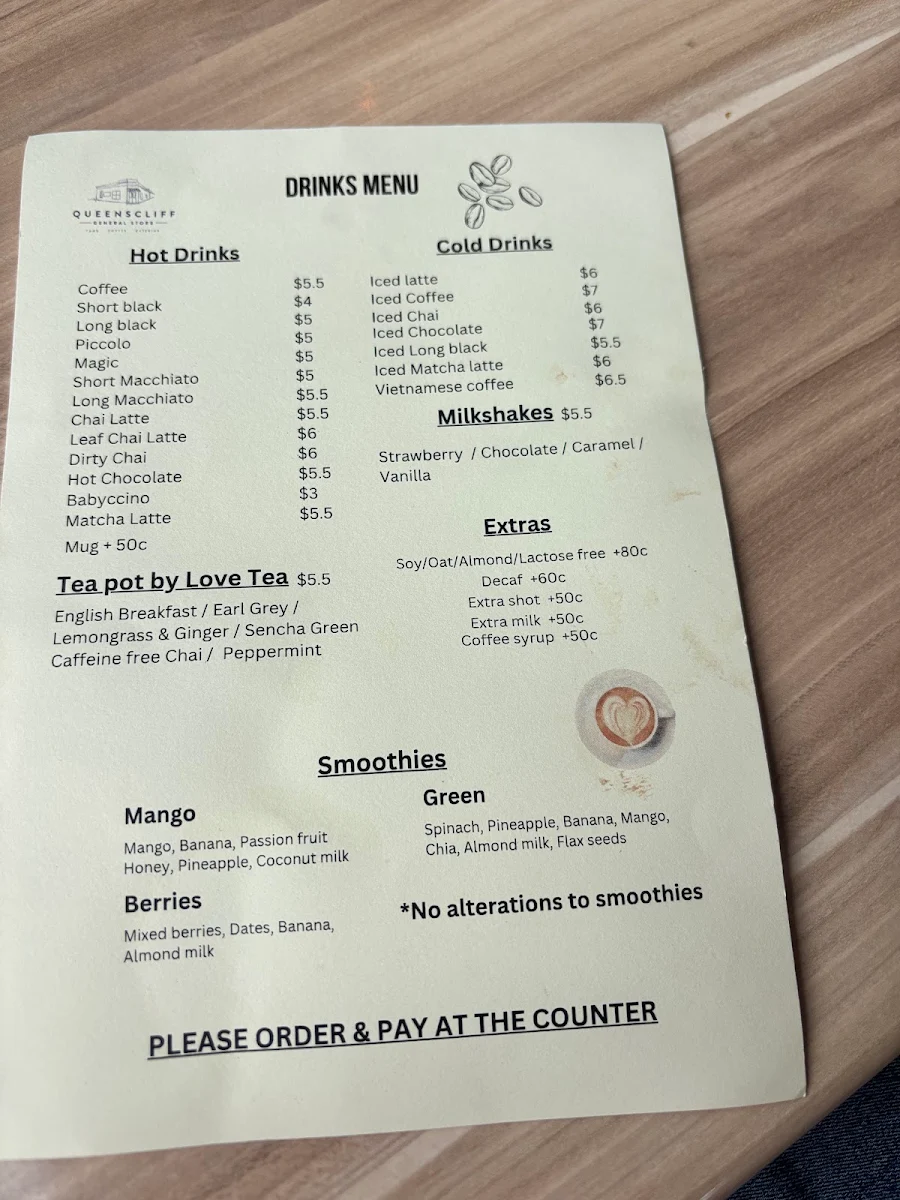 Menu, Queenscliff General Store & Take Away