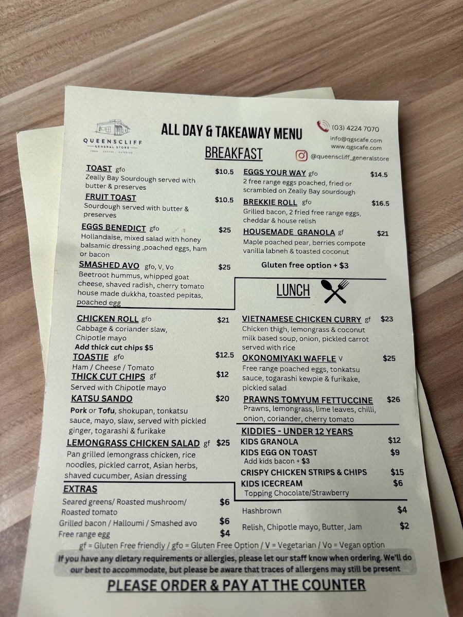 Menu, Queenscliff General Store & Take Away