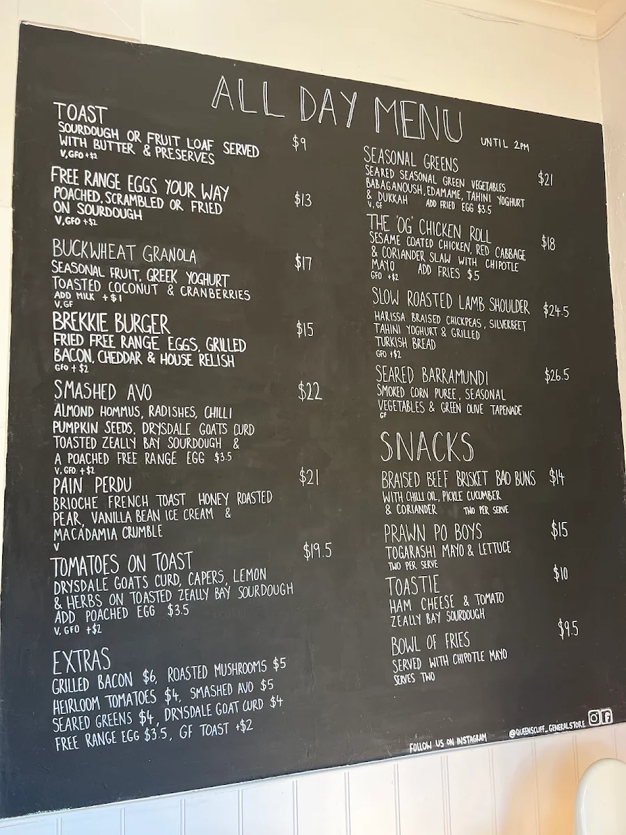 Menu, Queenscliff General Store & Take Away