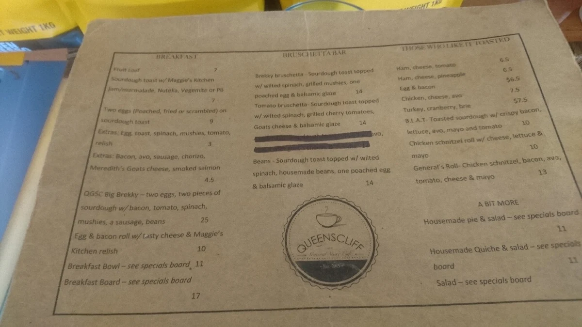 Menu, Queenscliff General Store & Take Away