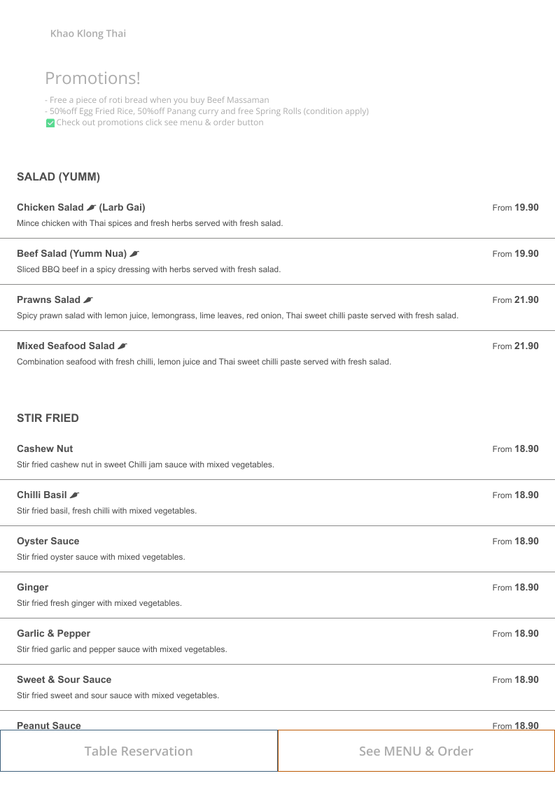 Menu, Khao Klong Thai