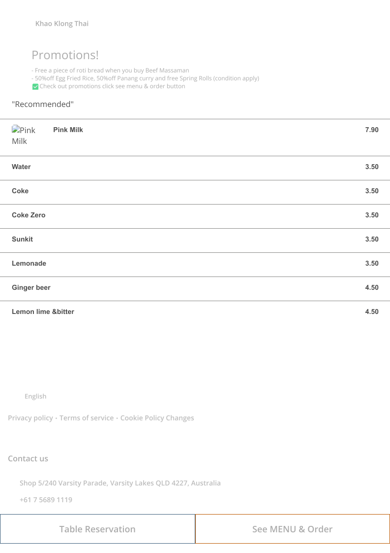 Menu, Khao Klong Thai