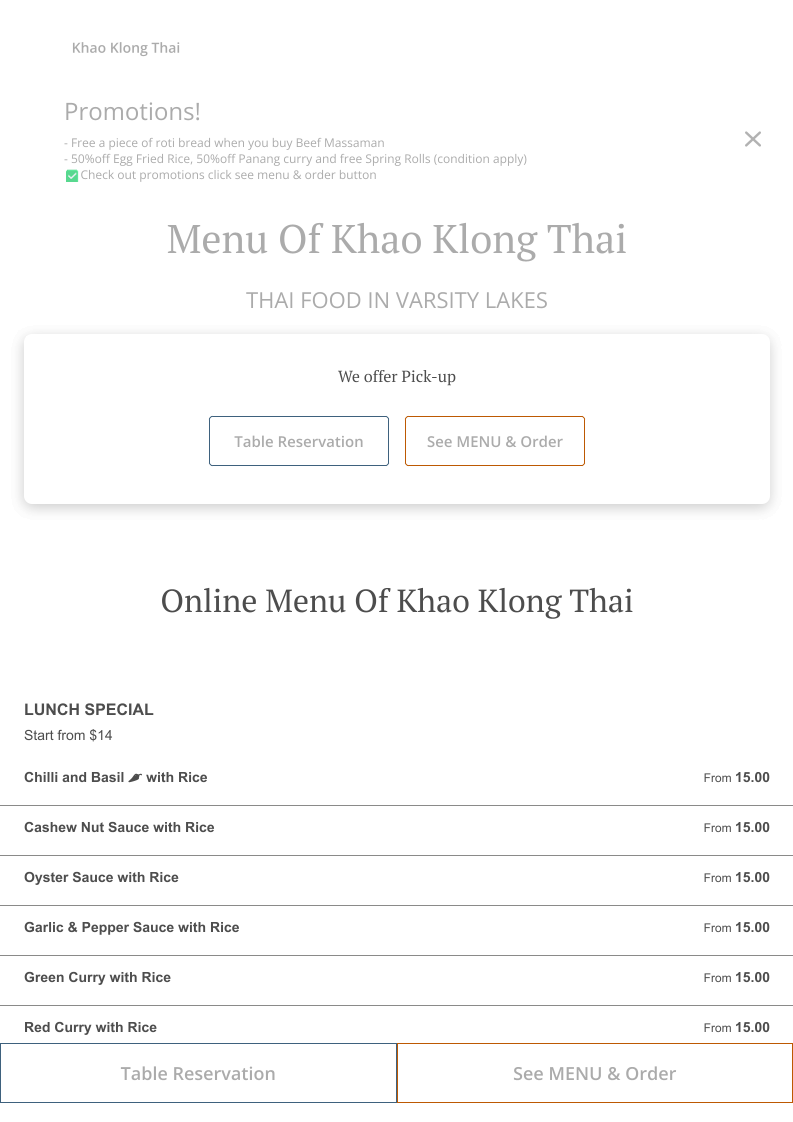 Menu, Khao Klong Thai