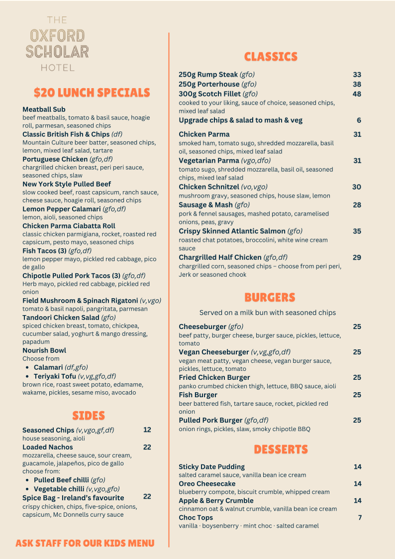 Menu, The Oxford Scholar