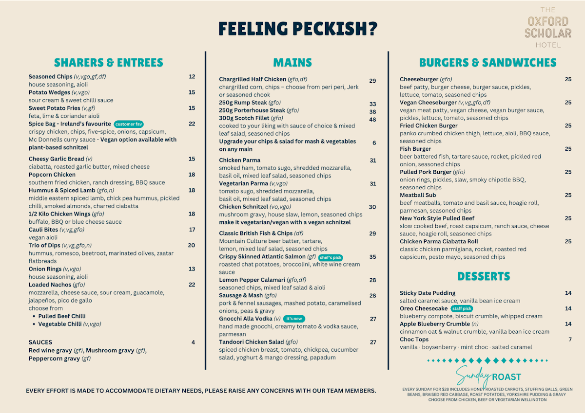 Menu, The Oxford Scholar
