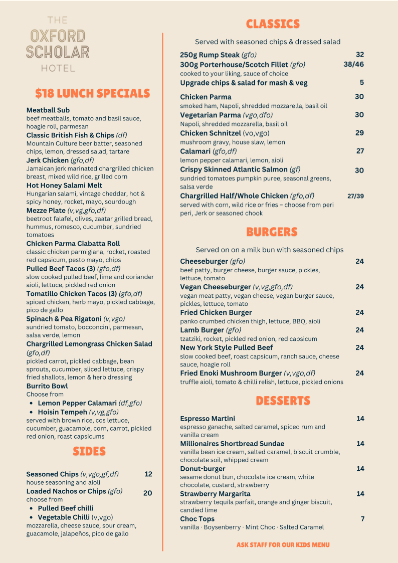 Menu, The Oxford Scholar