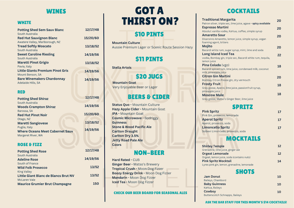 Menu, The Oxford Scholar