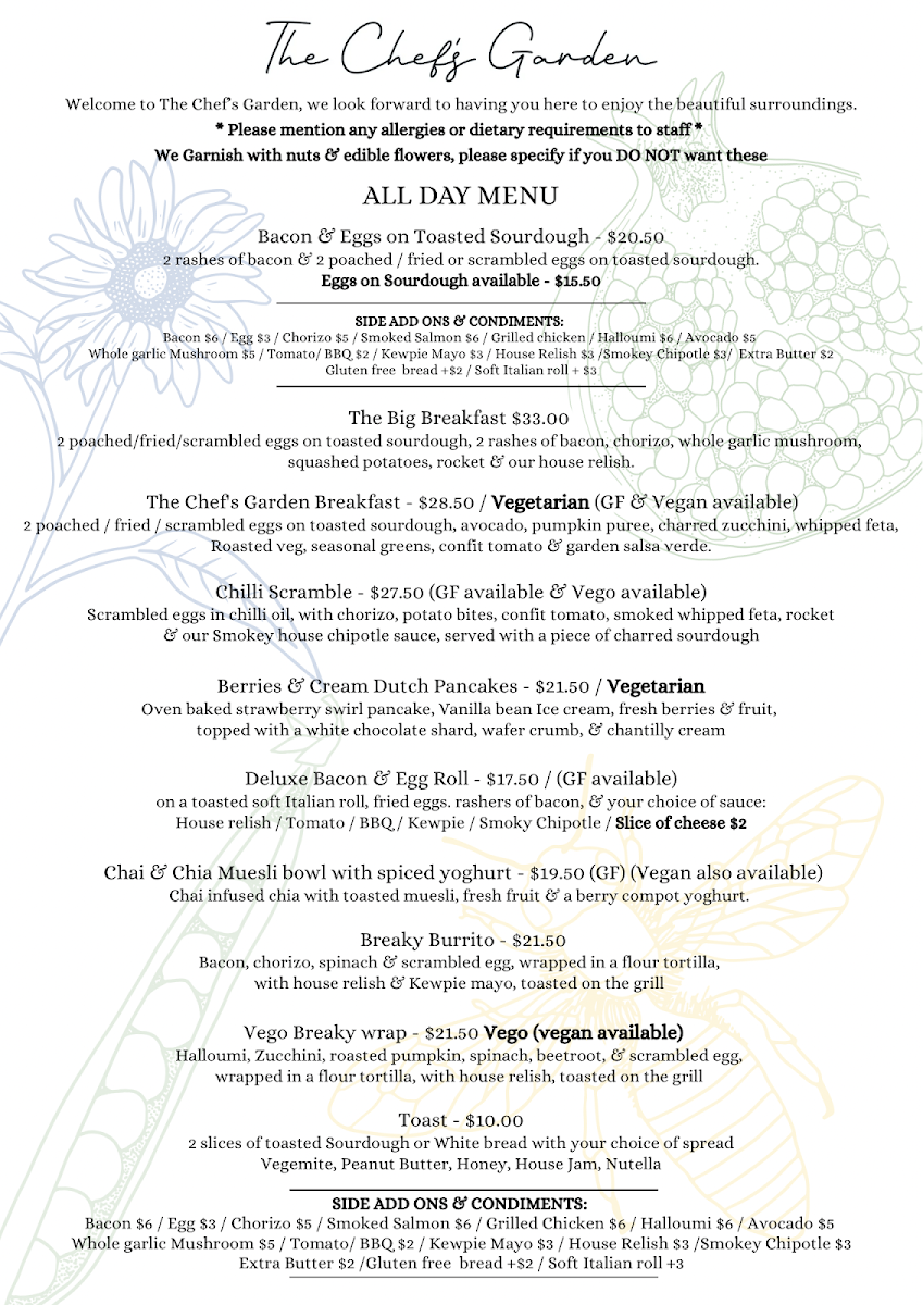 Menu, The Chef's Garden