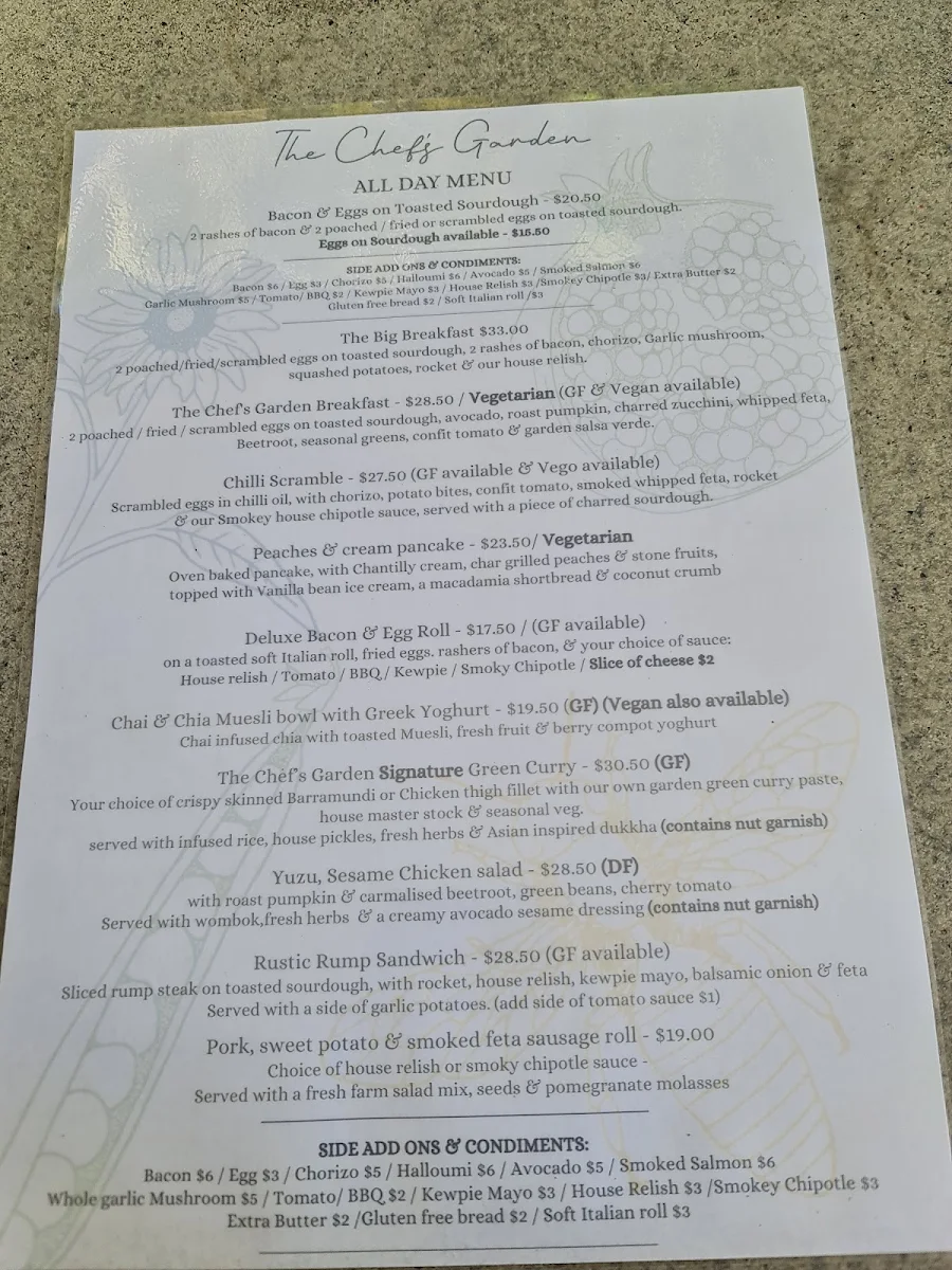 Menu, The Chef's Garden