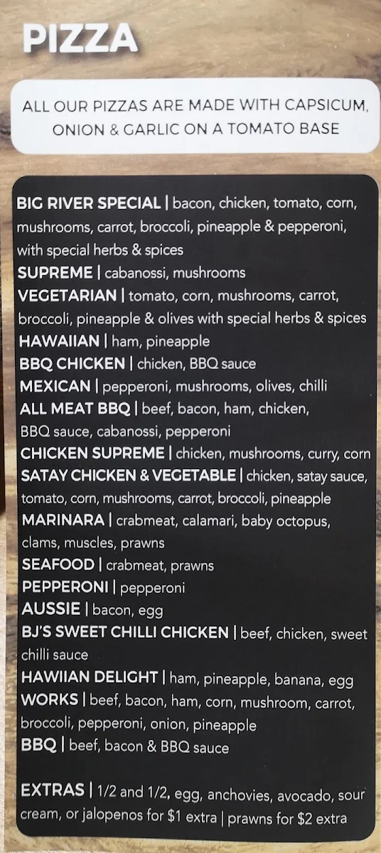 Menu, Big River Pizza