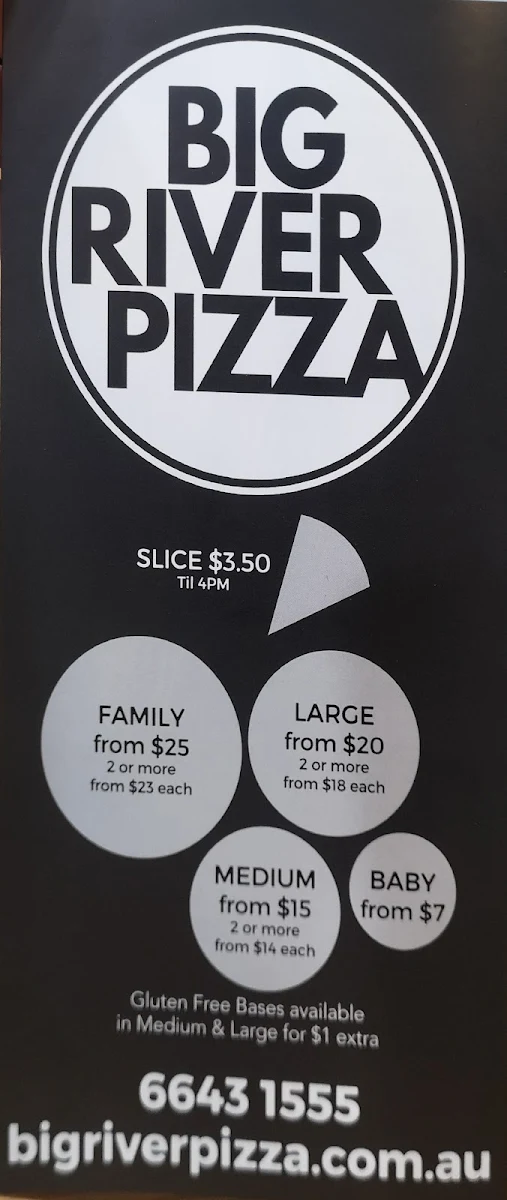 Menu, Big River Pizza