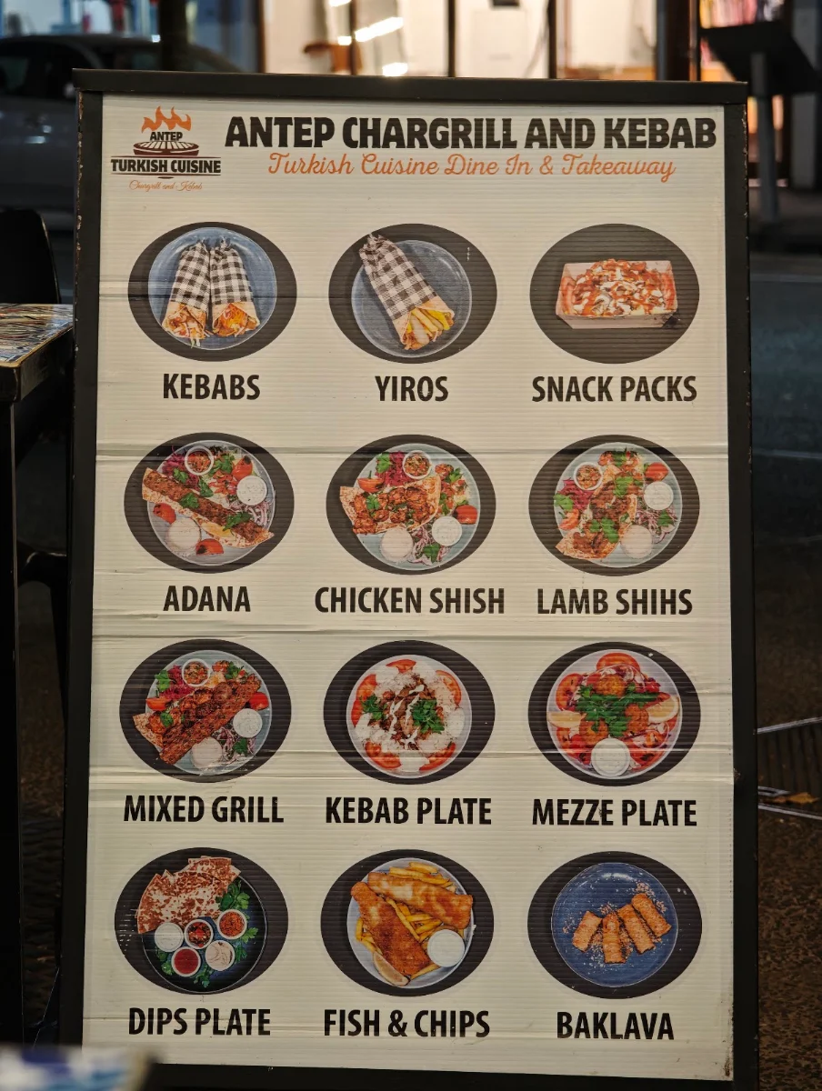 Menu, Antep Chargrill and Kebab