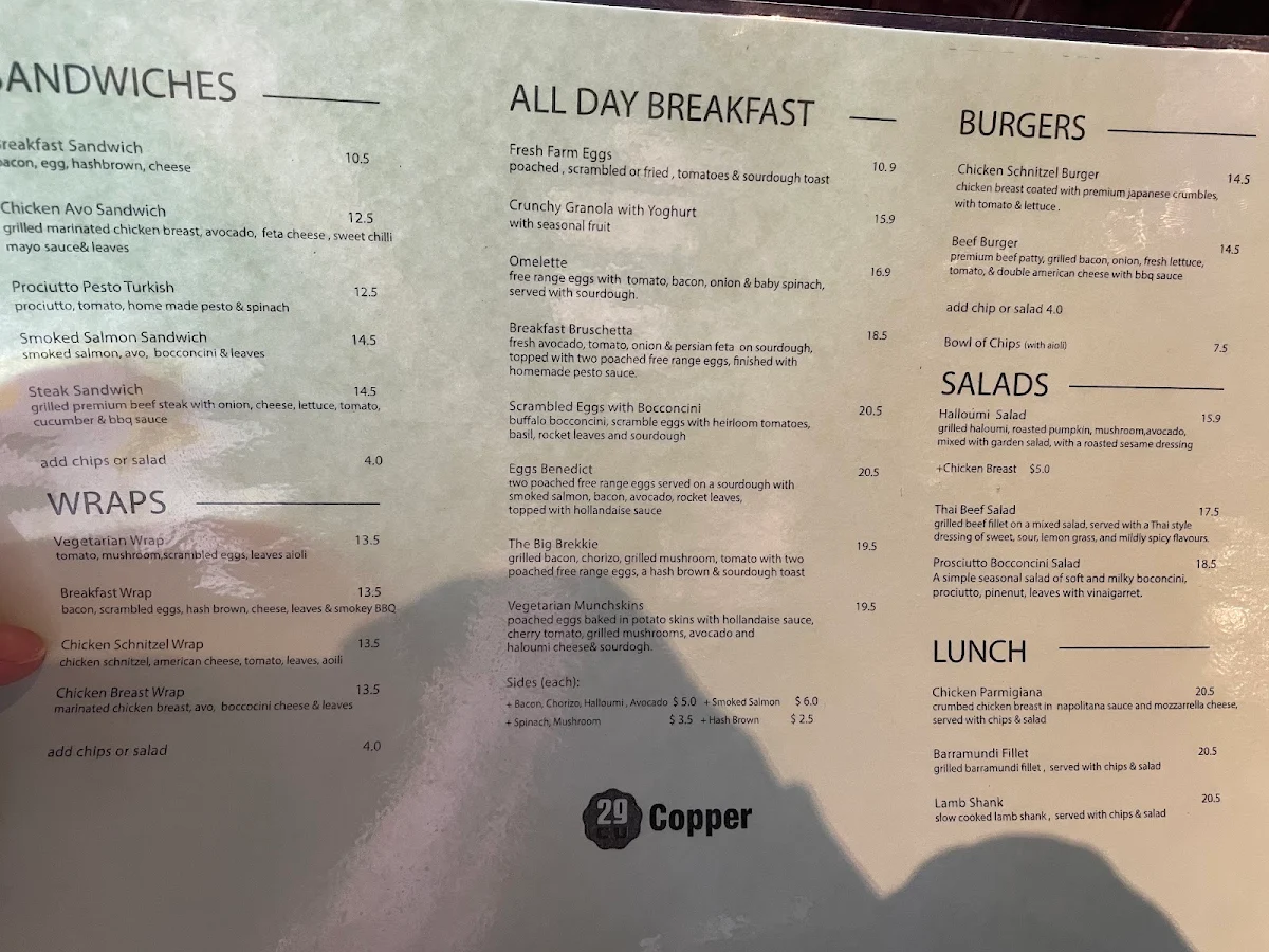 Menu, Copper Cafe