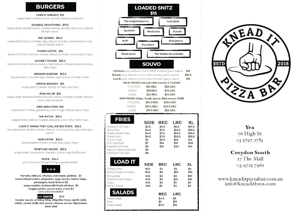 Menu, Knead it Pizza