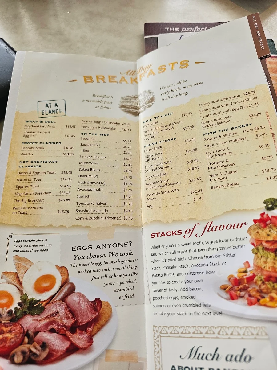 Menu, Dôme Café - Deep Water Point