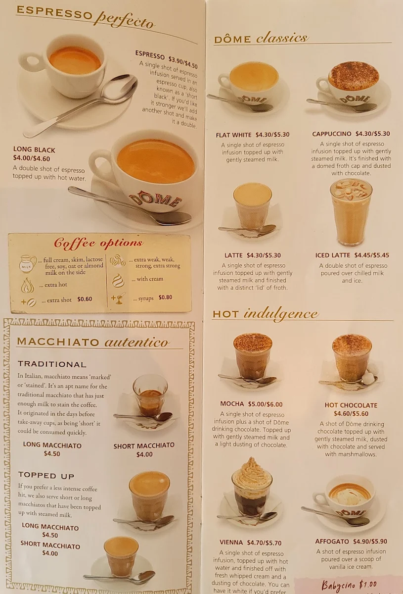 Menu, Dôme Café - Deep Water Point
