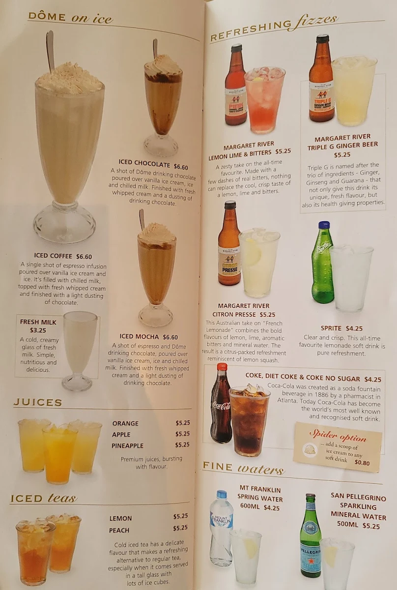 Menu, Dôme Café - Deep Water Point