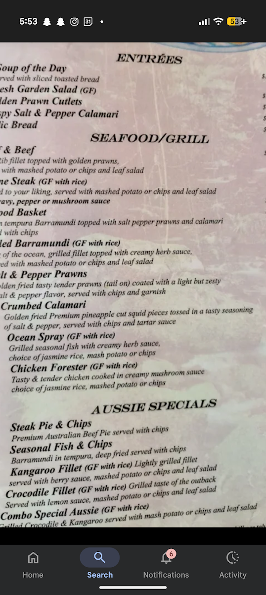 Menu, Kuranda Rainforest View Restaurant