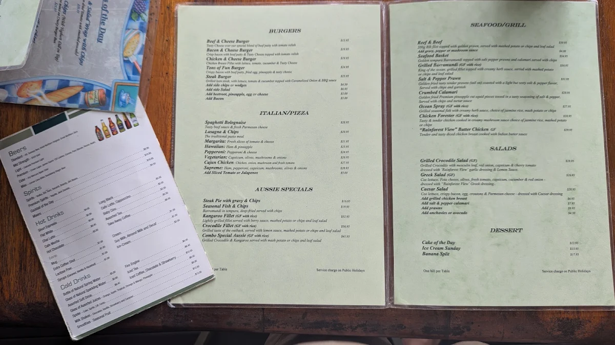 Menu, Kuranda Rainforest View Restaurant