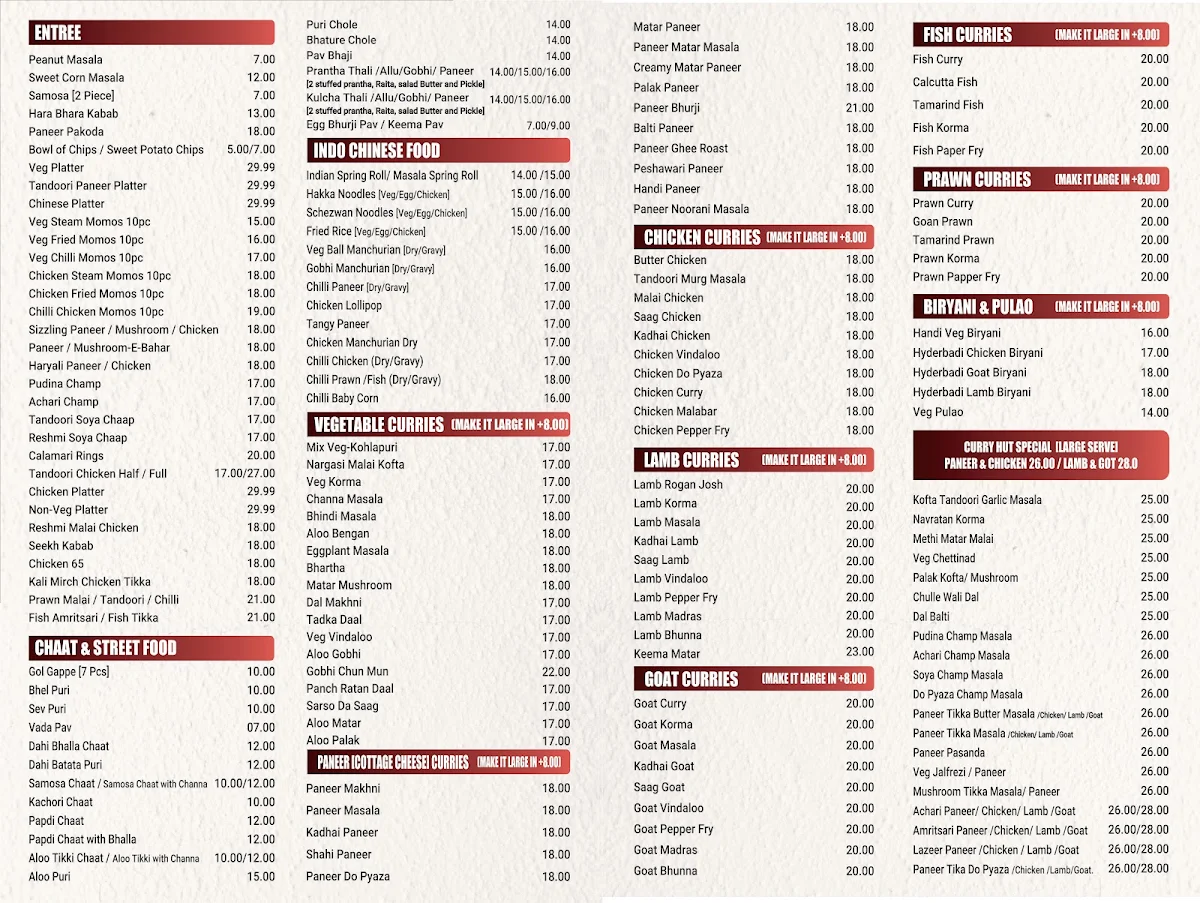 Menu, Jaggi Curry Hut (Lyndhurst)