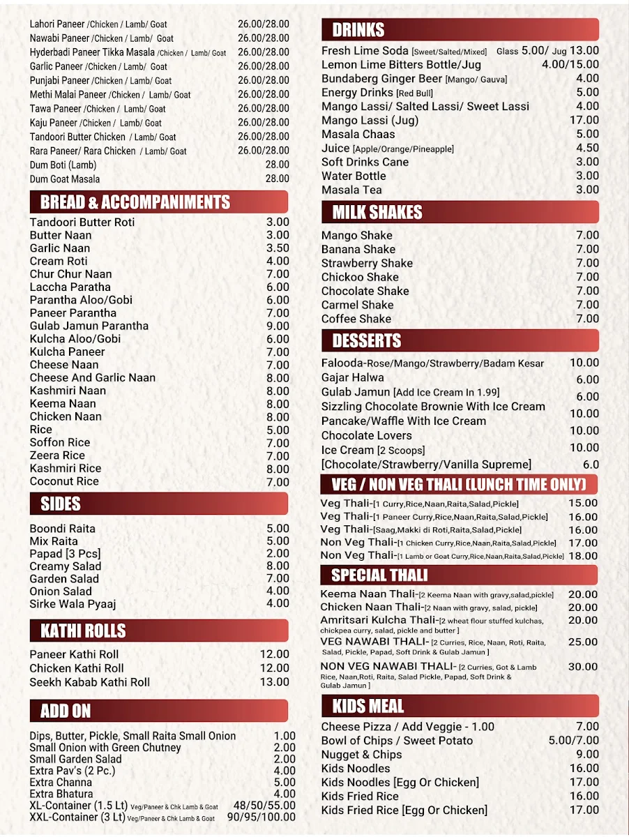 Menu, Jaggi Curry Hut (Lyndhurst)