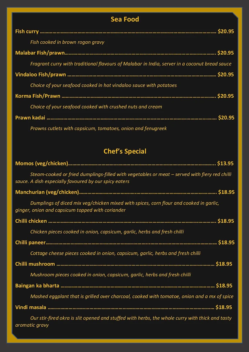 Menu, The Indian Royal Flavours