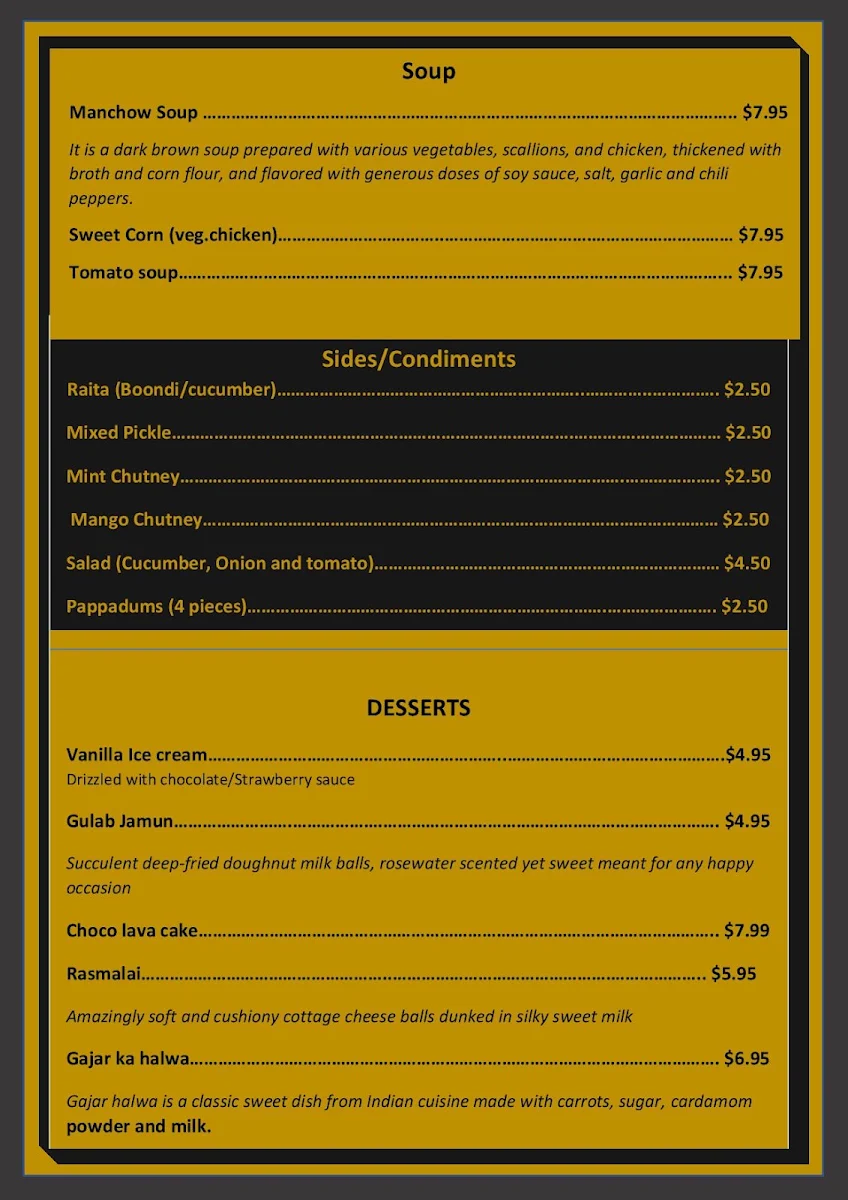 Menu, The Indian Royal Flavours