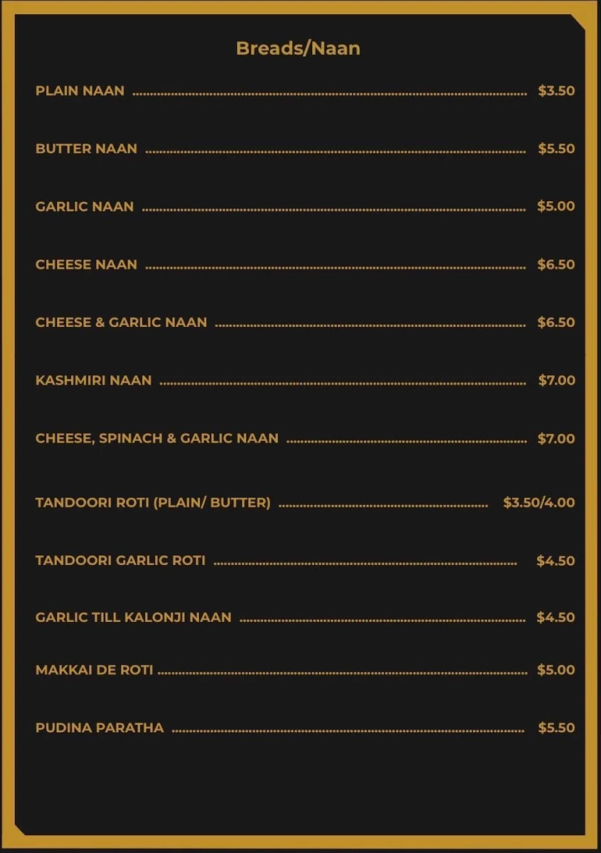 Menu, The Indian Royal Flavours