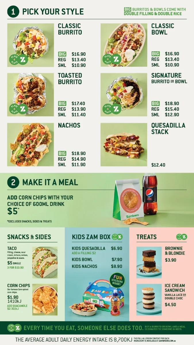 Menu, Zambrero Cloisters Square