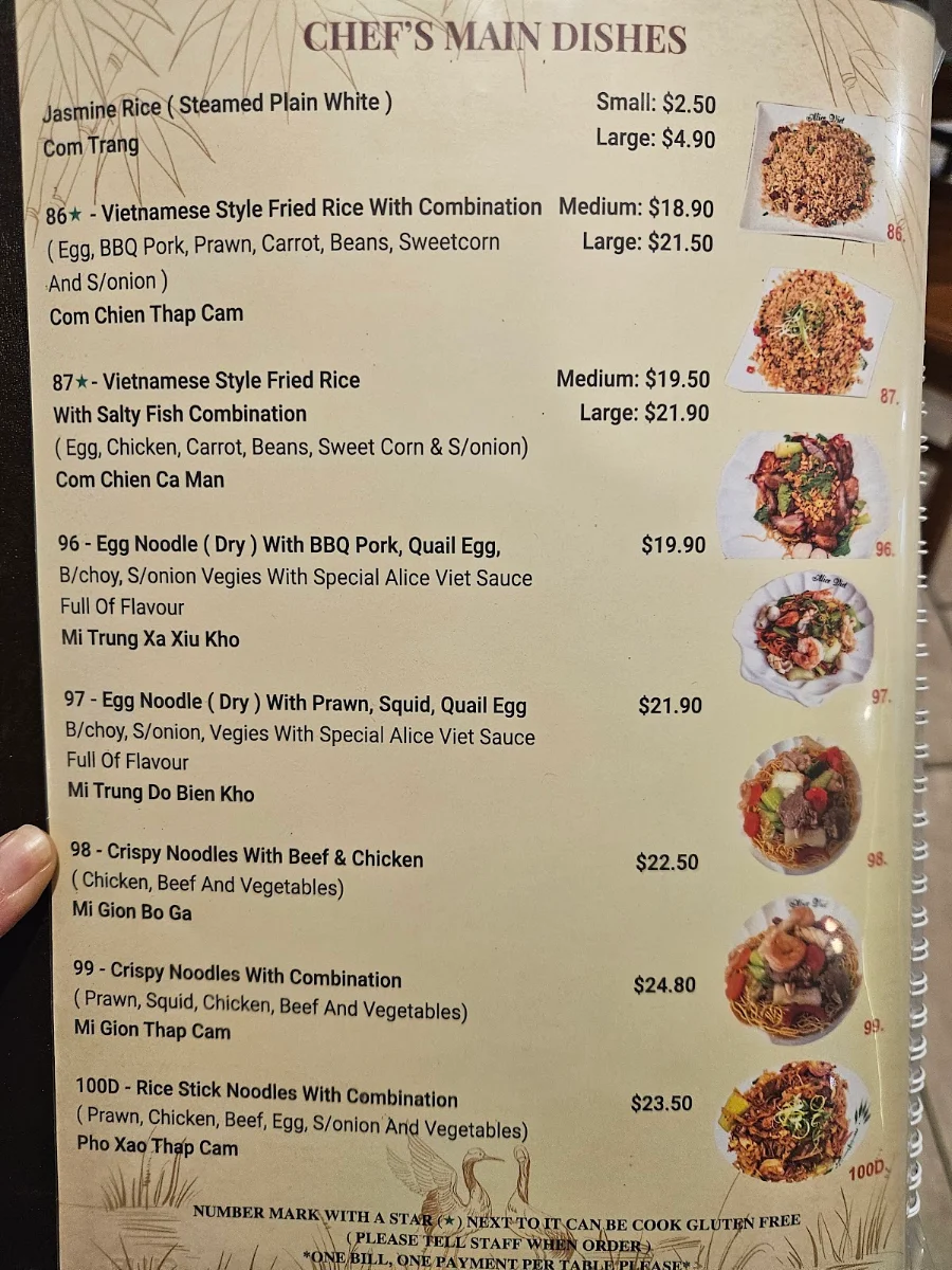 Menu, Alice Viet Restaurant