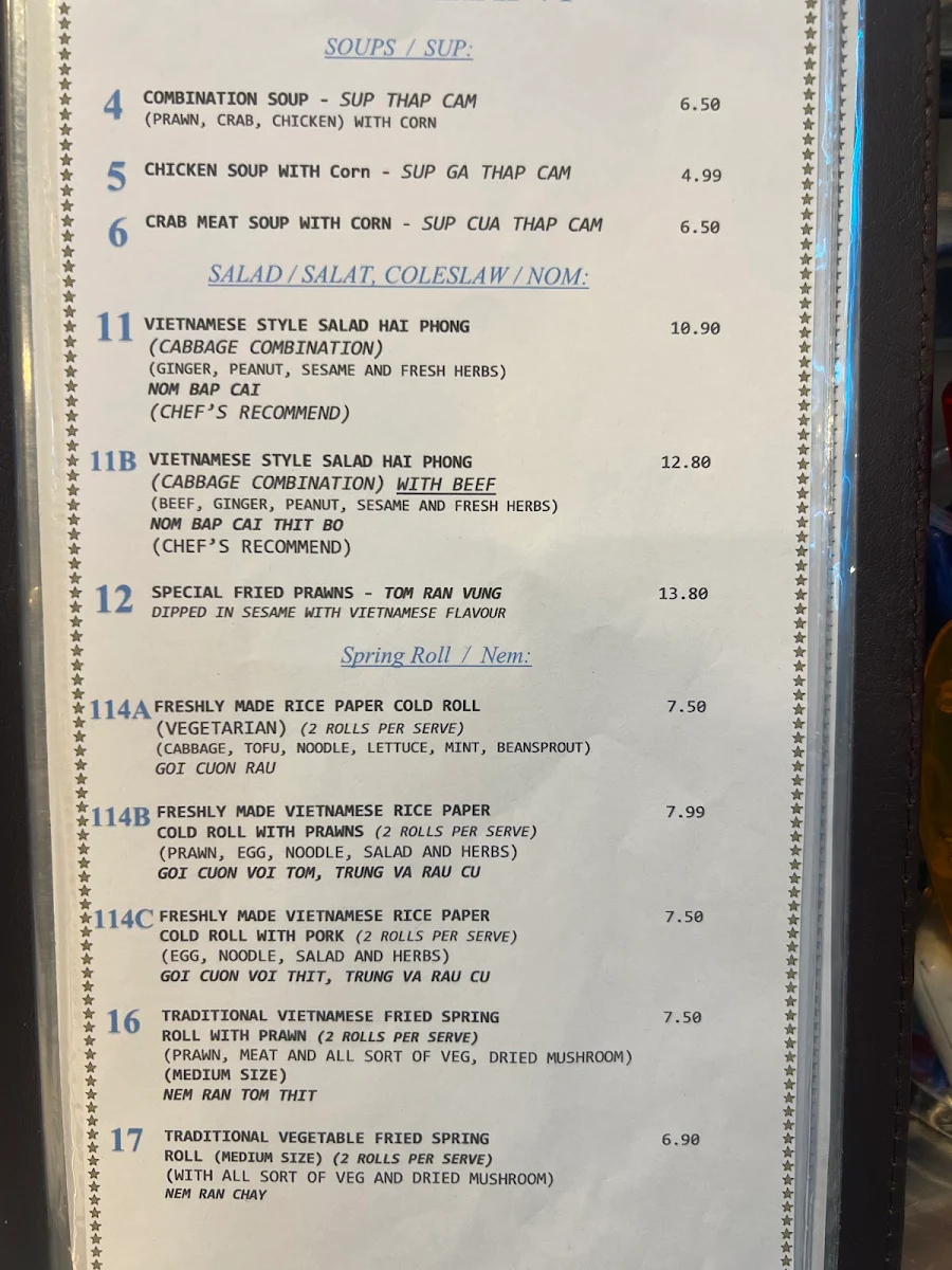 Menu, Alice Viet Restaurant