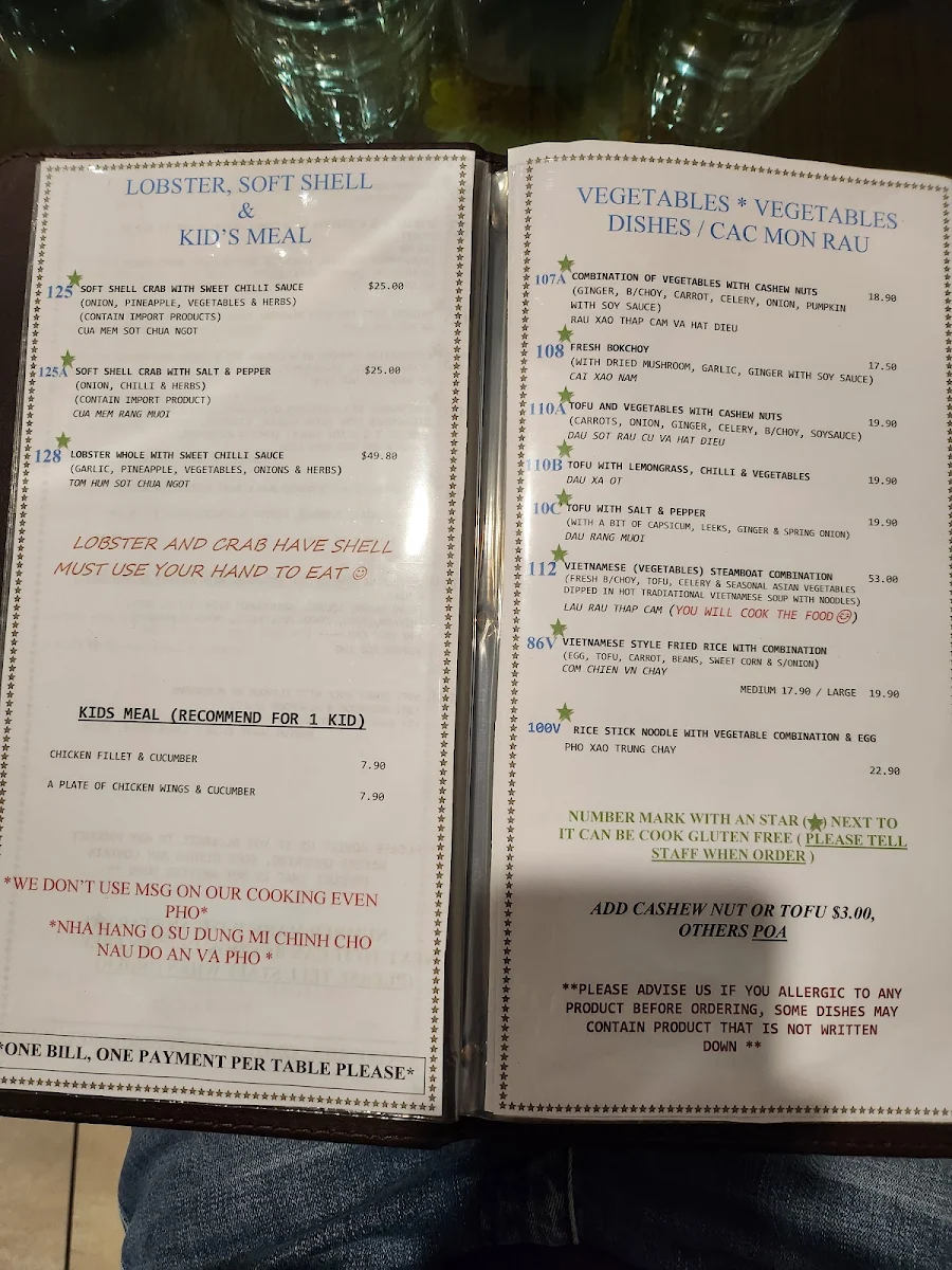 Menu, Alice Viet Restaurant