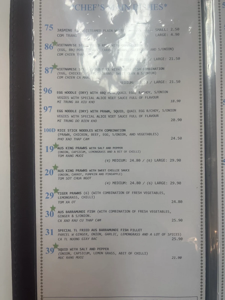 Menu, Alice Viet Restaurant