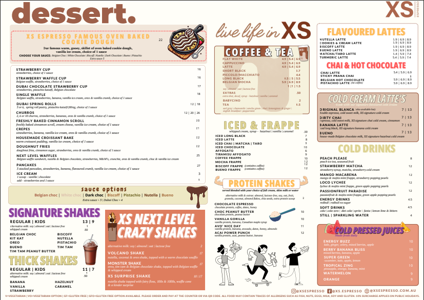 Menu, XS Espresso Marrickville