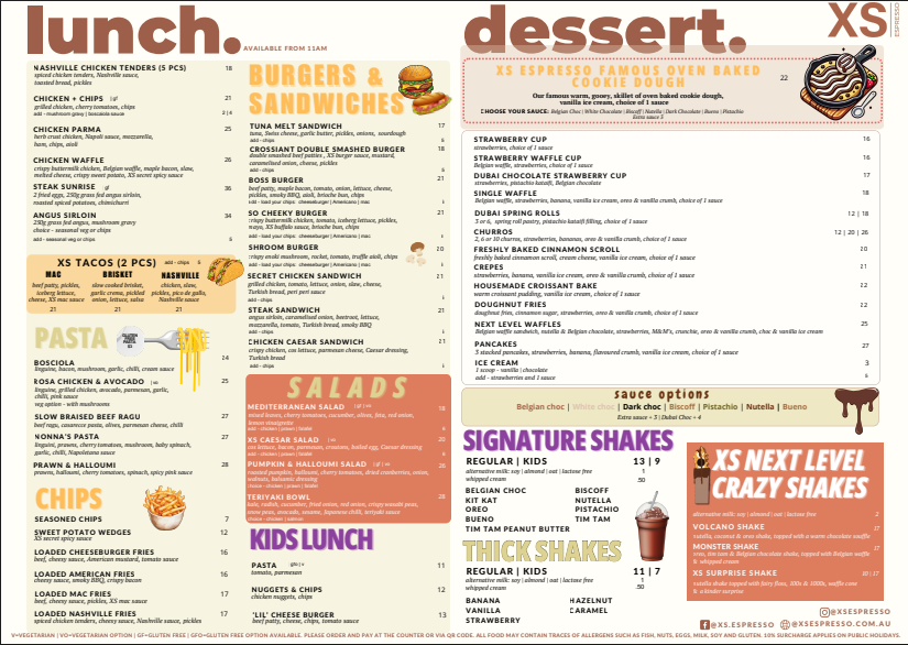 Menu, XS Espresso Marrickville