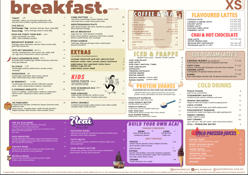 Menu, XS Espresso Marrickville