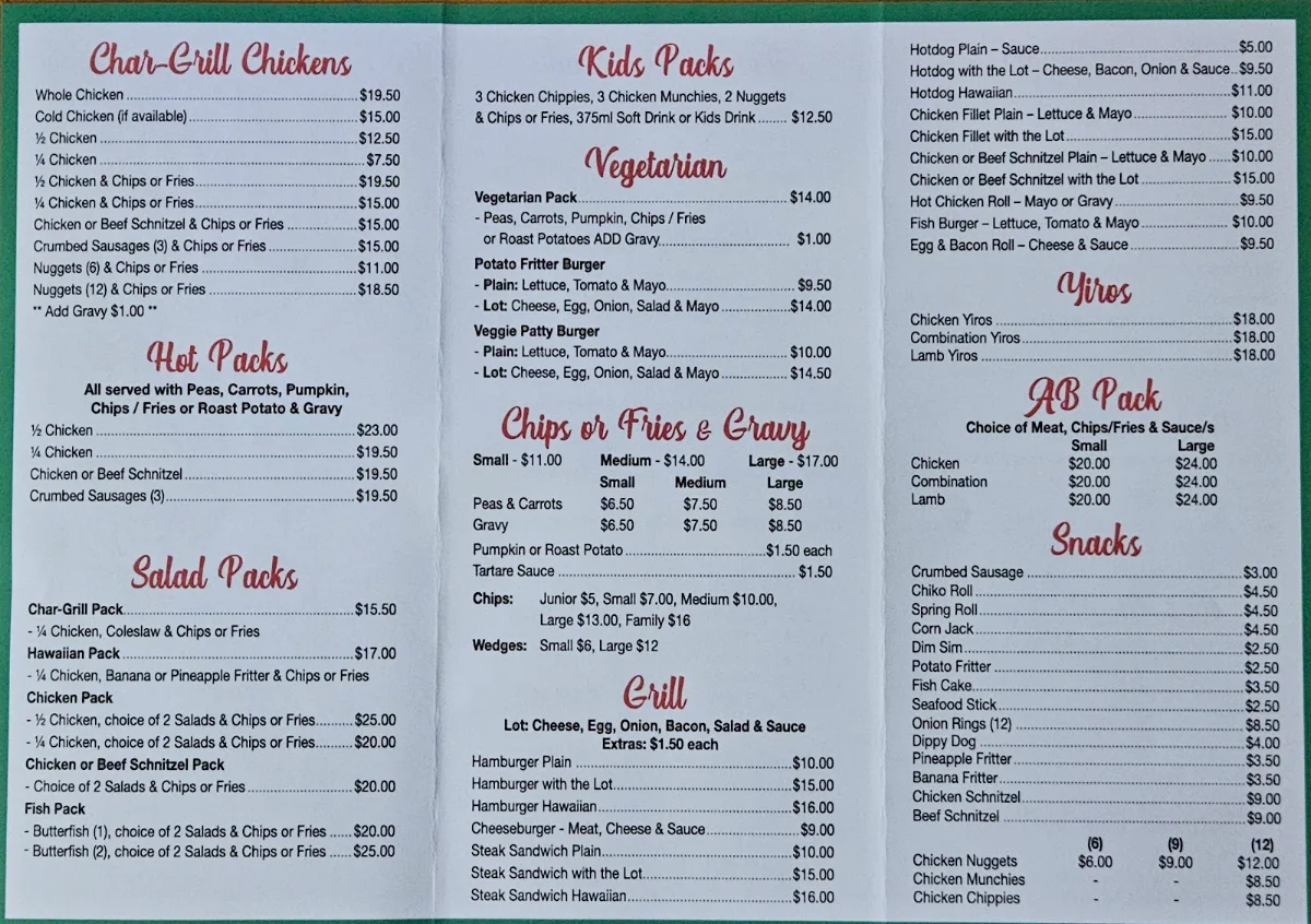 Menu, Top Char-Grill Chicken & Seafood