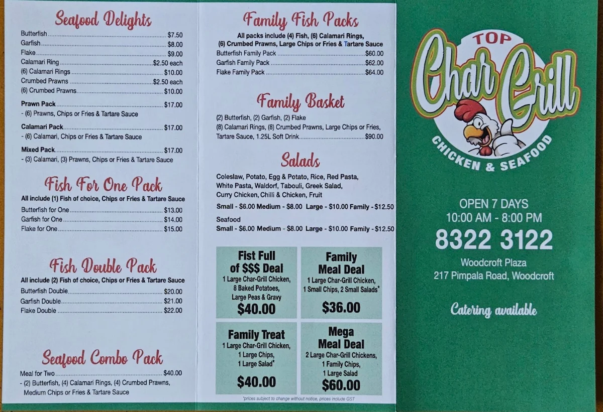 Menu, Top Char-Grill Chicken & Seafood