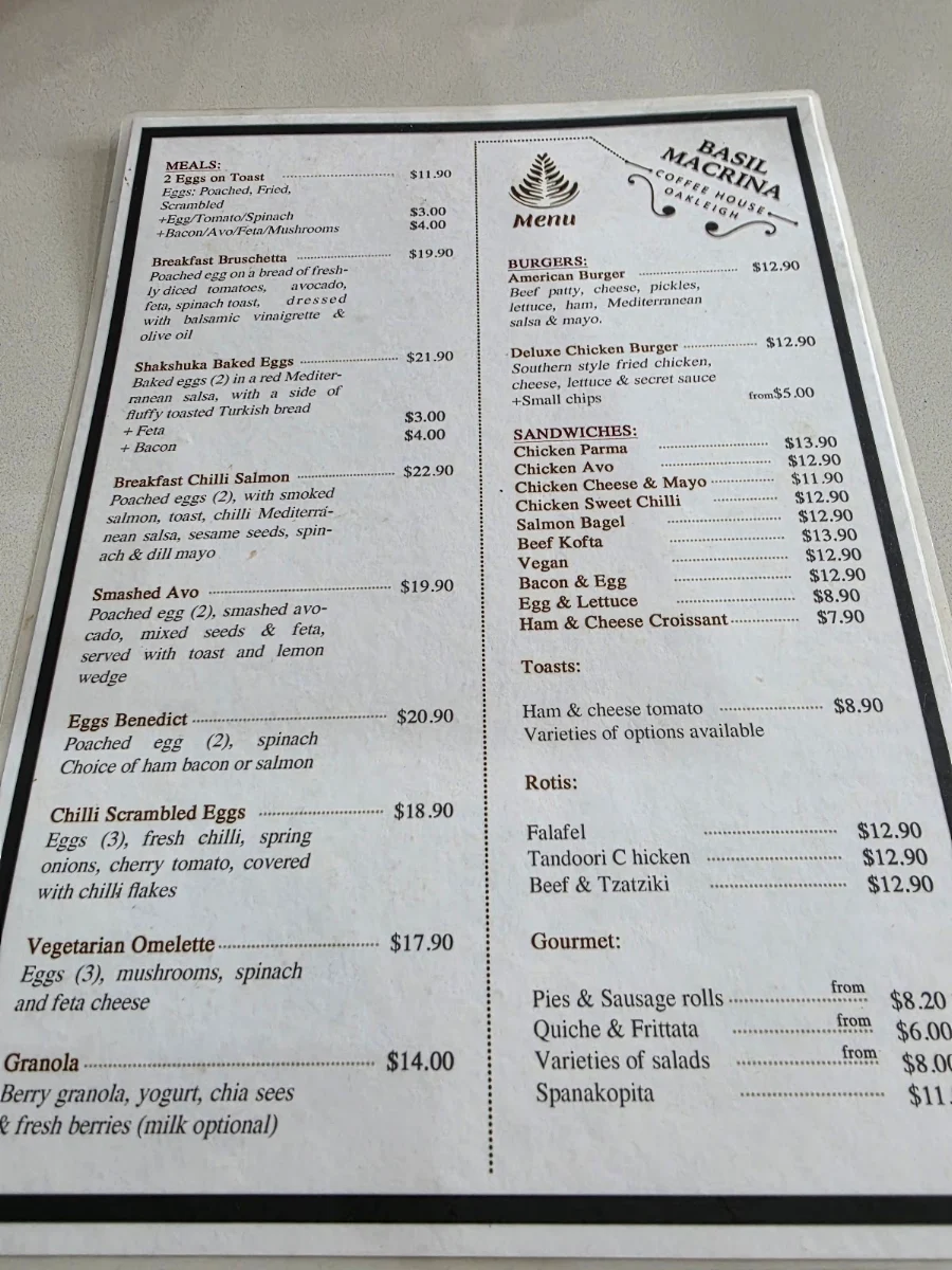 Menu, Basil & Macrina Cafe
