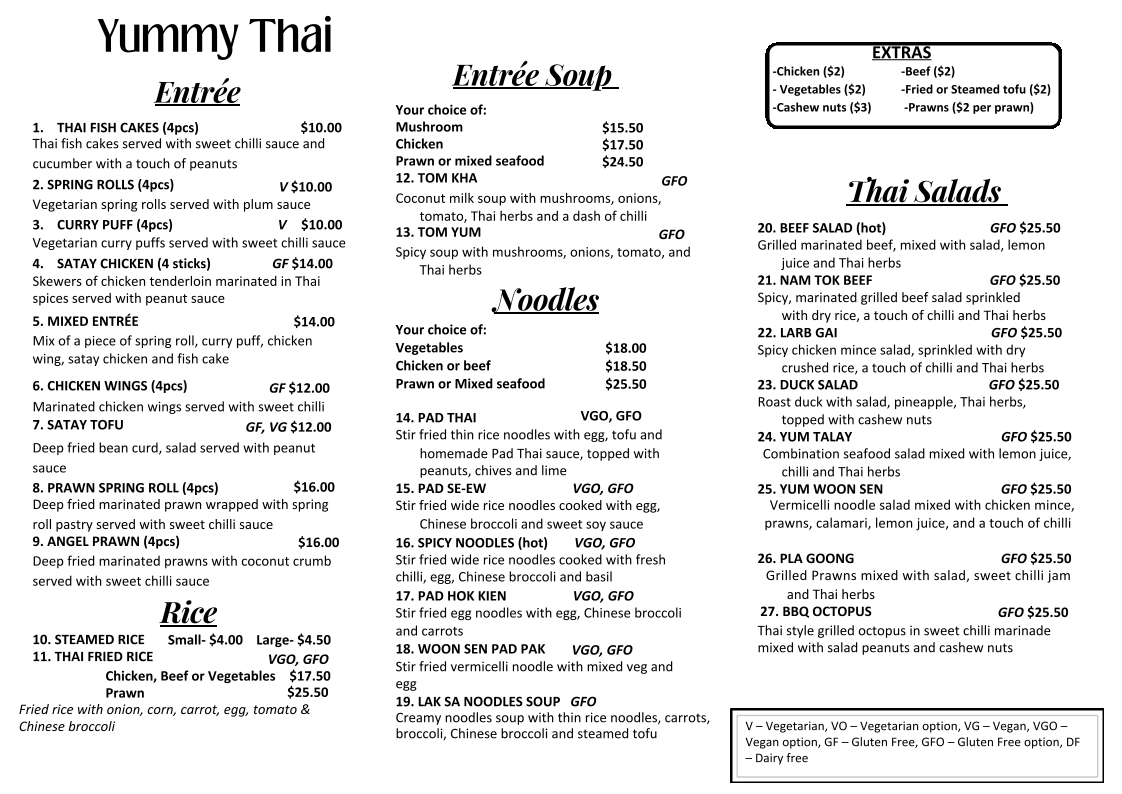 Menu, Yummy Thai at Morisset