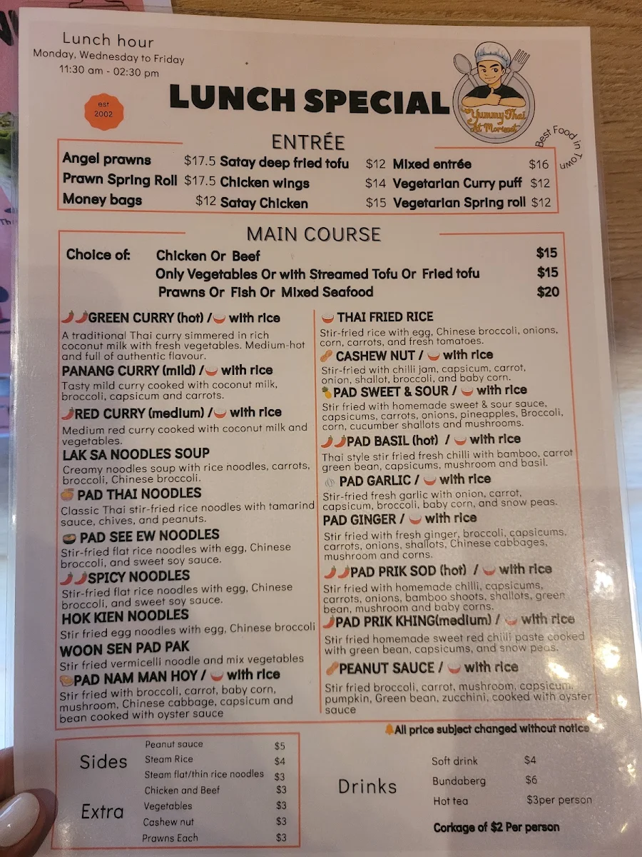 Menu, Yummy Thai at Morisset