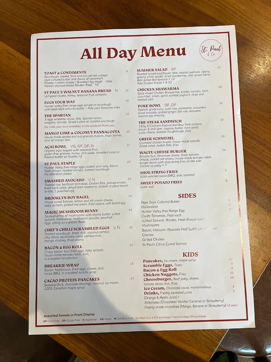 Menu, St Paul and Co