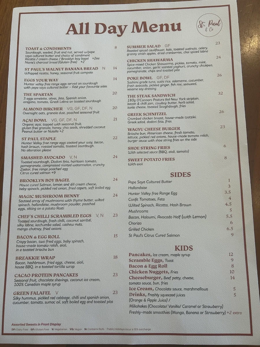 Menu, St Paul and Co