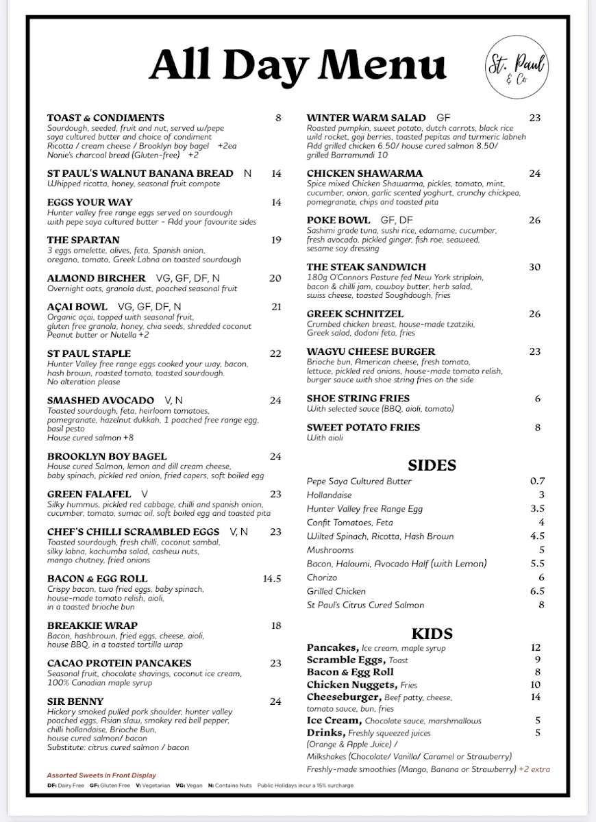 Menu, St Paul and Co