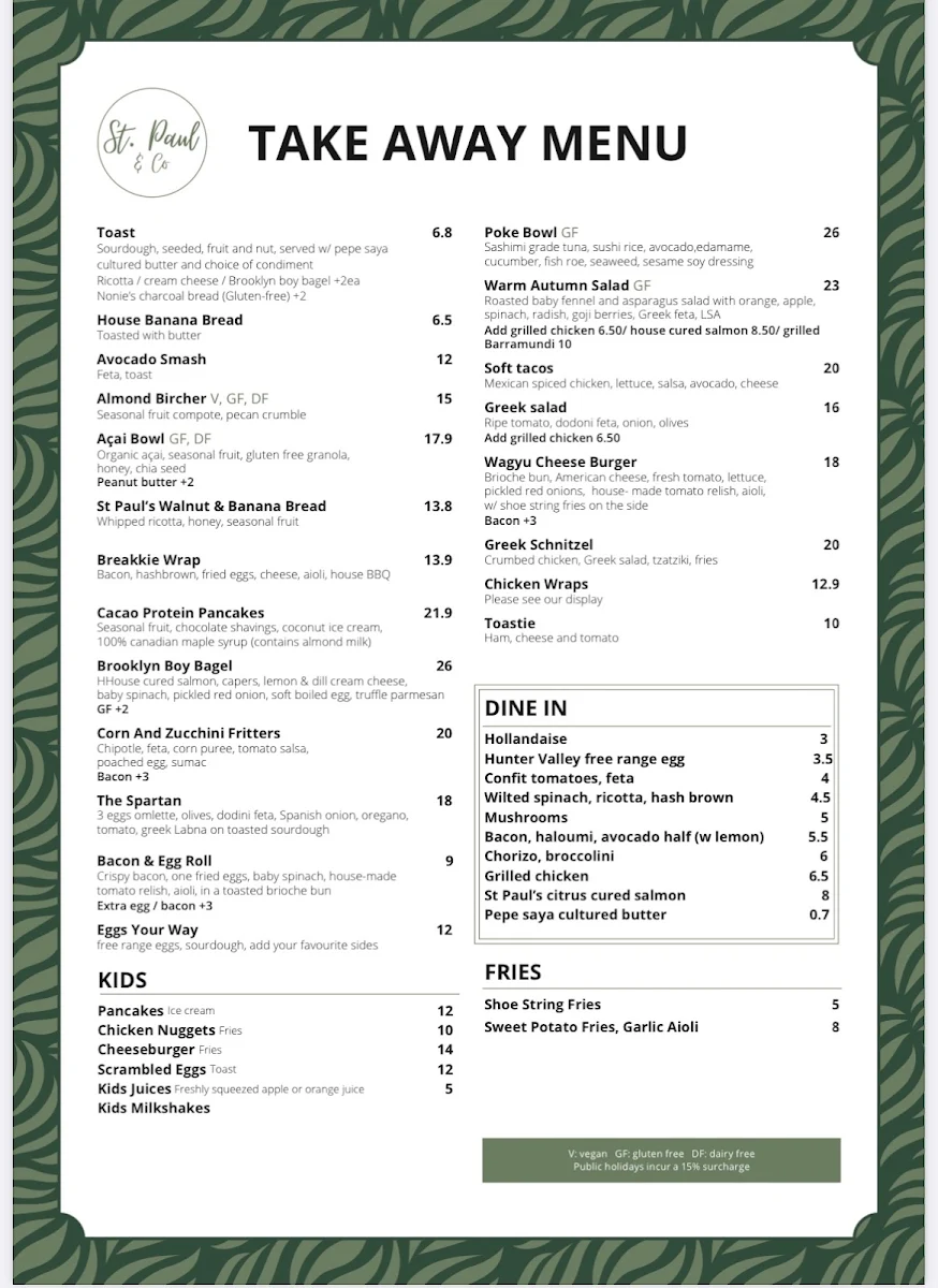 Menu, St Paul and Co