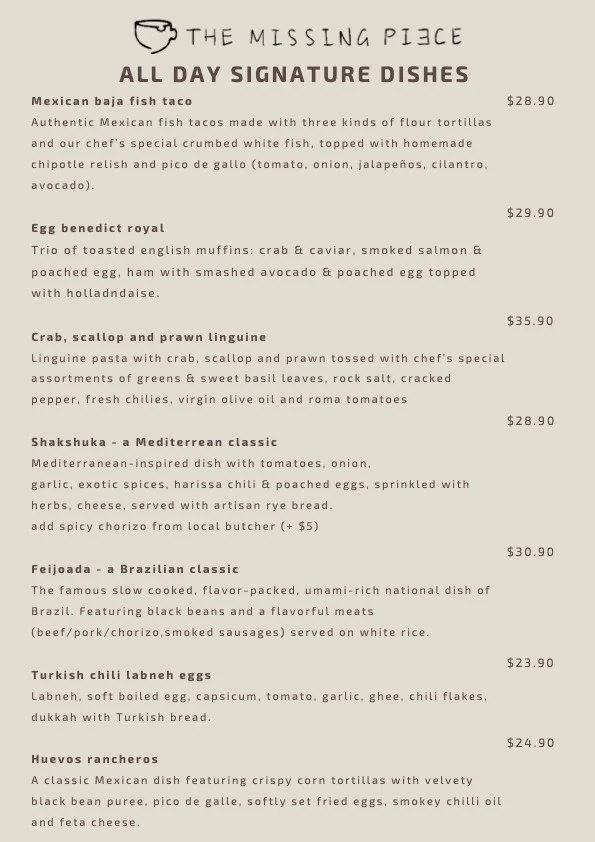 Menu, The Missing Piece Macquarie Centre